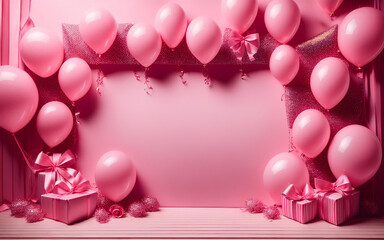 Elegant Pink Balloon and Ribbon Frame: A Perfect Backdrop for Celebrations, Parties, or Special Events with Soft Pastel Colors and a Festive, Girly Vibe.