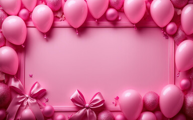 Elegant Pink Balloon and Ribbon Frame: A Perfect Backdrop for Celebrations, Parties, or Special Events with Soft Pastel Colors and a Festive, Girly Vibe.