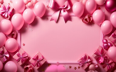Elegant Pink Balloon and Ribbon Frame: A Perfect Backdrop for Celebrations, Parties, or Special Events with Soft Pastel Colors and a Festive, Girly Vibe.