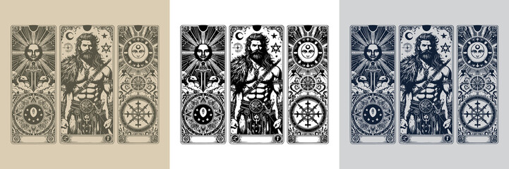 vintage-inspired barbarian man playing card tattoo design
