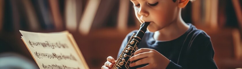Fototapeta premium Child Intently Playing Clarinet While Studying Music Sheet