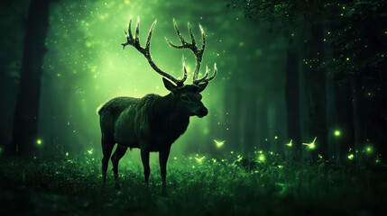 majestic stag with massive antlers stands in mystical green forest, surrounded by glowing fireflies and ereal light. enchanting atmosphere evokes sense of wonder and magic