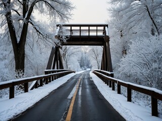A snow-covered bridge in a serene winter landscape, surrounded by snow-laden trees, evoking a peaceful and tranquil atmosphere