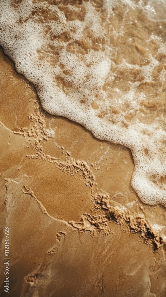 Poster Soft mocha sand meets the whispering ocean waves at dawn, creating a serene atmosphere perfect for reflection or leisurely strolls along the coast