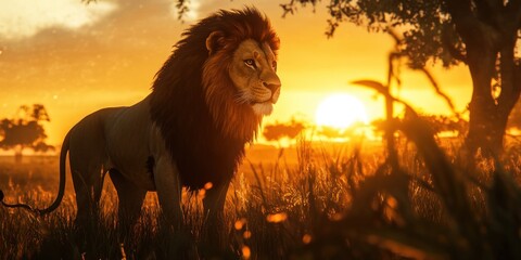Naklejka premium Majestic lion silhouetted against a vibrant sunset in the African savanna. (1)