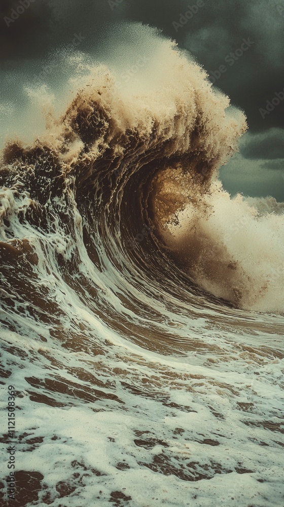 Poster a massive mocha wave curls dramatically, blending brown sand into frothy white surf as storm clouds 