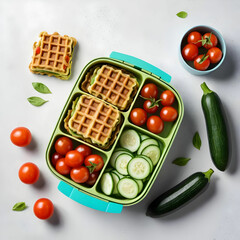 Kids lunch box with zucchini waffles cucumber cherry tomatoes isolated on the blank background