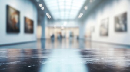 Art gallery interior with blurred background and polished floor.