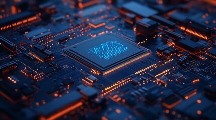 Fototapeta premium A computer chip is shown in a blue and orange color scheme. The chip is surrounded by a network of wires and circuits. Concept of technology and
