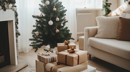 Living room with clean lines, simple furniture, and minimal Christmas touches, like a small tree in a corner and one wrapped gift