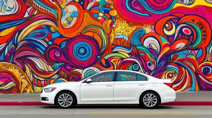 White Car Parked Against Vibrant Graffiti Wall