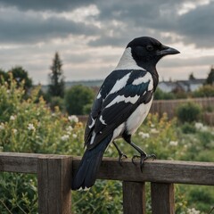Fototapeta premium A magpie perched on a garden fence with a light cloudy sky.