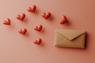 Romantic envelope on a soft background surrounded by whimsical 3D red hearts, perfect for love letters, Valentine&rsquo;s Day greetings, and heartfelt messages of affection.