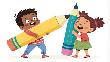 Joyful kids playing with giant pencils in a creative art session