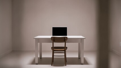 A room with a plain white desk, a wooden chair, and a single laptop. A neutral background with no additional decor.
