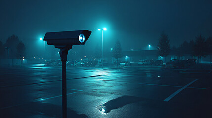 A high-tech surveillance camera monitoring a parking lot at night with infrared vision.