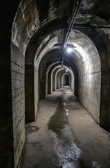 Obraz premium Mysterious underground tunnel with dim lighting and arched stone structure