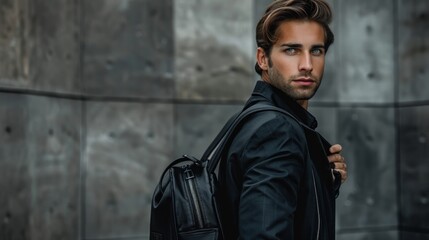 Handsome young businessman in a stylish black suit and a modern business bag in his hand,