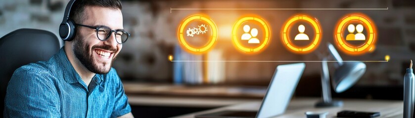 Happy Customer Service Representative with Headsets and Digital Interface.