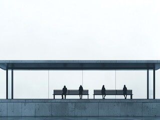 Abstract urban landscape with black silhouettes of people waiting at a bus stop, simplified forms and negative space, minimalist design