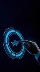 A businessman touches a virtual screen with an airplane icon in a futuristic dark blue setting, symbolizing urban mobility and global transportation systems