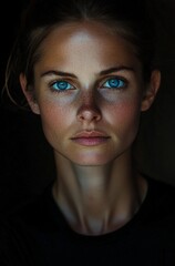 Fototapeta premium Portrait of a young caucasian female with striking blue eyes in natural light