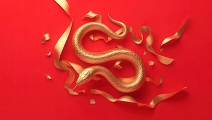 Golden snake figurine on red background with gold ribbons.