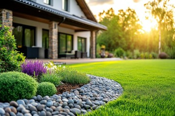 Obraz premium Serene Home Garden with Lush Green Lawn, Decorative Stones, Colorful Flowers, and Warm Sunset Light in the Background