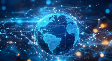 A blue hologram of the Earth floating in space and giving the idea of ​​global internet communication on mobile. Concept of smartphone digital connection with cloud services around the world.