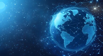 Fototapeta premium A blue hologram of the Earth floating in space and giving the idea of ​​global internet communication on mobile. Concept of smartphone digital connection with cloud services around the world.