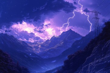 Purple lightning strikes over mountain range at night with dramatic clouds