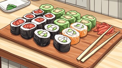 Delicious Assortment of Sushi Rolls on a Wooden Serving Platter