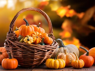 Basket filled with a variety of miniature pumpkins with a warm autumnal background