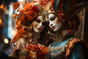 Elegant women in ornate carnival costumes and masks with feathers and flowers