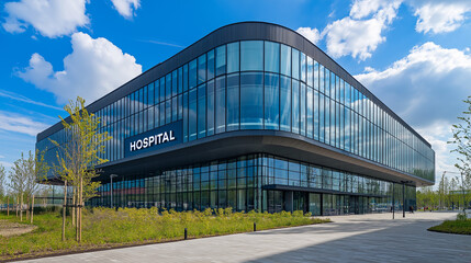 Fototapeta premium Modern hospital building exterior view with a large sign 