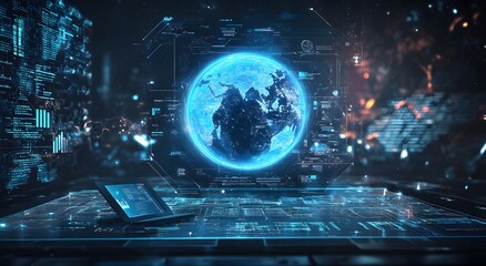 A blue hologram of the Earth floating in space and giving the idea of ​​global internet communication on mobile. Concept of smartphone digital connection with cloud services around the world.