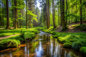 Obraz premium Forest Clearing with a Gentle Stream