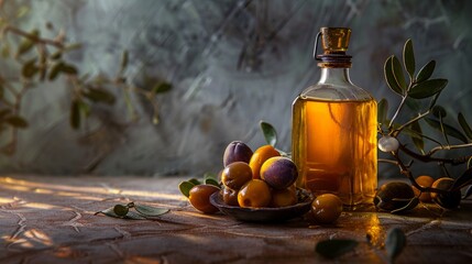 Jojoba oil in a bottle with ripe jojoba fruits and seeds, placed on a wooden surface, highlighting organic skincare and natural beauty products. Generative AI