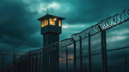 A prison watchtower under a moody sky, illuminated and surrounded by barbed wire fencing.