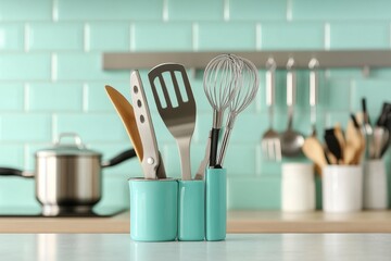 Stylish kitchen utensils in turquoise holder against a bright backsplash, perfect for adding a modern touch to your cooking space and showcasing culinary essentials neatly organized.