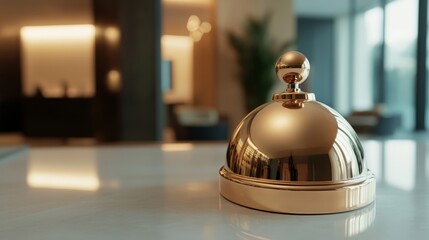 Hotel service bell on reception counter desk in a luxury hotel, symbolizing hospitality and customer service in a modern travel environment, with a focus on hotel room reservations and guest services