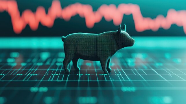 A digital representation of a bull figure against a backdrop of financial data, symbolizing market trends and investment insights.