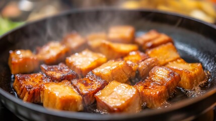 Fototapeta premium Crispy Golden Cooked Pork Belly in Sizzling Hot Pan
