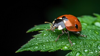 Obraz premium A vibrant ladybug perched on a green leaf, adorned with dew drops, showcasing nature's intricate beauty and details.