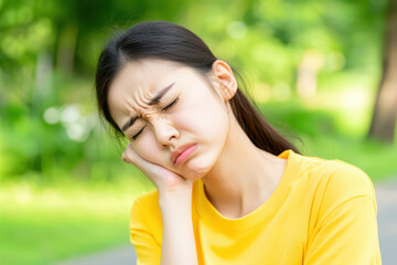 woman in yellow shirt expresses discomfort while holding her face, possibly due to pain. background features lush green park, enhancing emotional impact of her expression