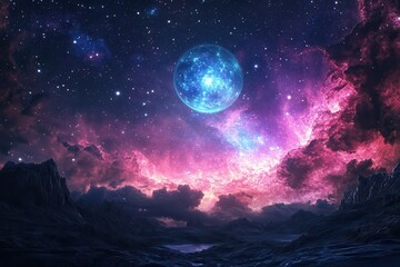 A luminous blue planet shining above a dark, mountainous landscape in a nebula-filled sky.