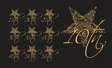Elegant copper and GOLD anniversary logos celebrating fifteen to fifty-fifth and seventieth anniversaries