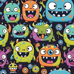 Obraz premium Happy Monster Party: A vibrant and whimsical pattern featuring a delightful assortment of colorful monsters with playful expressions. Perfect for kids' clothing, party decorations, and fun.
