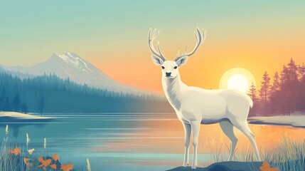 Obraz premium A majestic white deer with perfect antlers, beautiful view of forest and lake in the afternoon at sunset