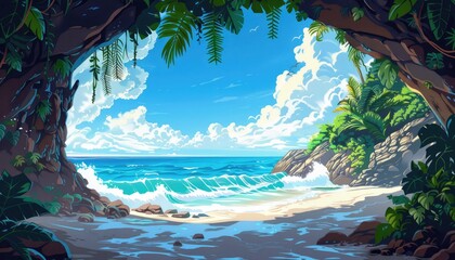 Tropical Beach Scene Viewed From A Cave